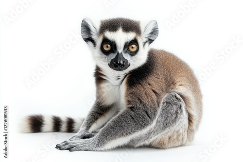 Ring-tailed lemur sitting on white background