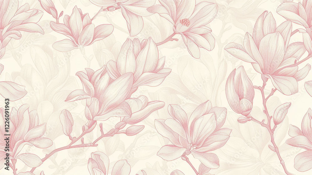 Elegant floral pattern featuring soft pink magnolia flowers on light background, creating serene and delicate atmosphere. Perfect for home decor or textile design