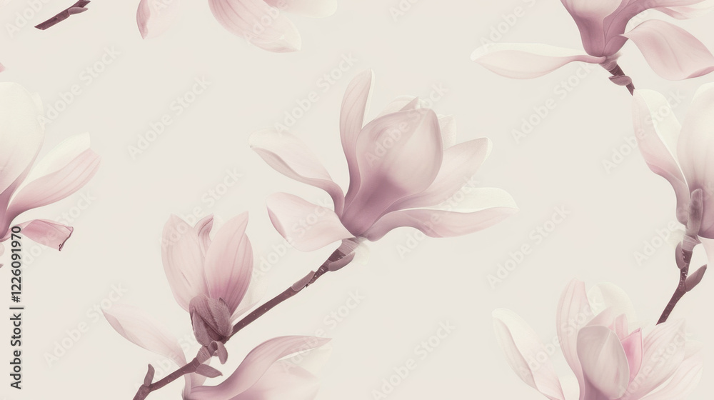 Obraz premium Delicate magnolia flowers in soft pink tones against light background create serene and elegant atmosphere, perfect for floral design and decor