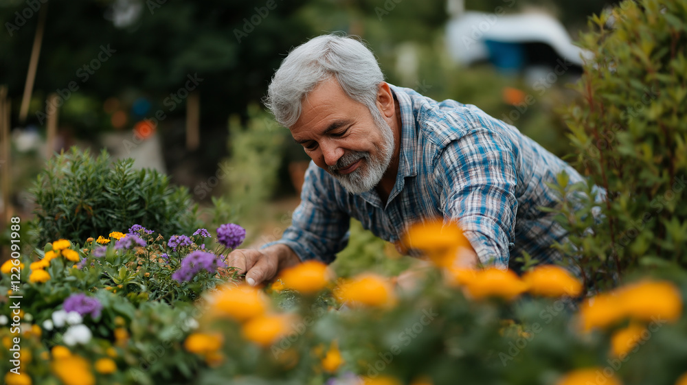 Garden Serenity. A senior man with a gray beard tends to his colorful garden, surrounded by blooming flowers. He is smiling with contentment and enjoying nature. Garden Serenity. A senior man with a gray beard tends to his colorful garden, surrounded by blooming flowers. He is smiling with contentment and enjoying nature.