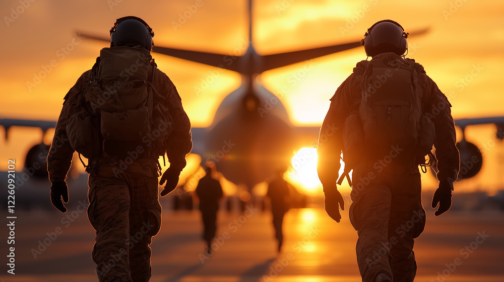 Silhouetted soldiers in full gear walking towards a large aircraft at sunset, creating a dramatic and patriotic scene.