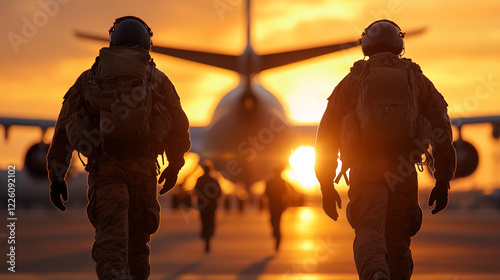 Wallpaper Mural Silhouetted soldiers in full gear walking towards a large aircraft at sunset, creating a dramatic and patriotic scene. Torontodigital.ca