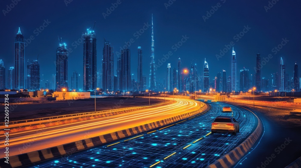 Fototapeta premium Autonomous vehicle driving on smart highway at night in futuristic city.