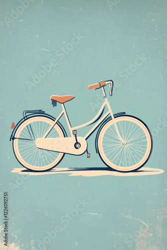 A retro-style illustration of a white bicycle with tan details against a soft light blue background, capturing nostalgia and simple beauty in a minimalist fashion. photo