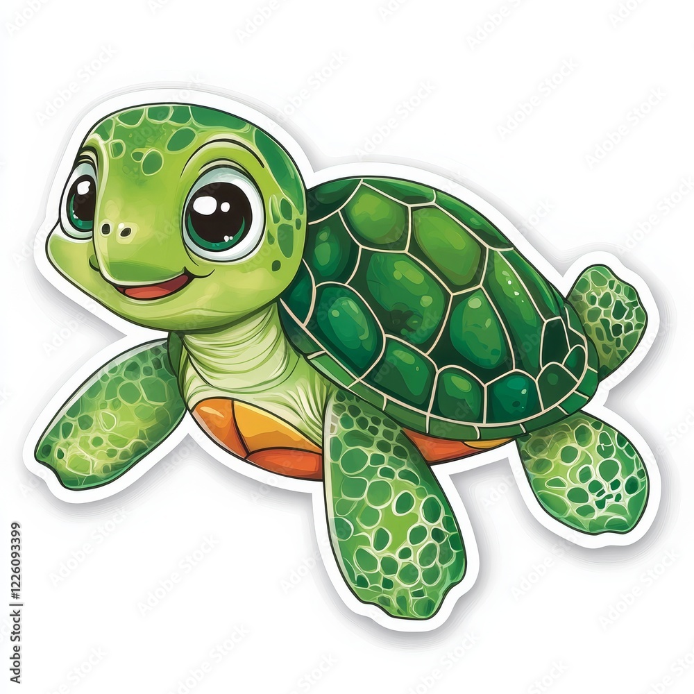 Fototapeta premium A cute and charming cartoon-style sticker of a smiling turtle with intricate green patterns on its shell, capturing a friendly oceanic essence effectively.