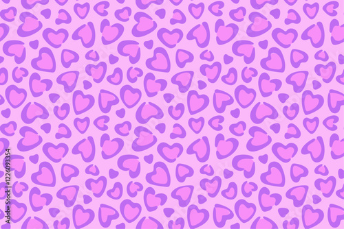 Leopard print background with hand drawn hearts, purple color, retro and modern style