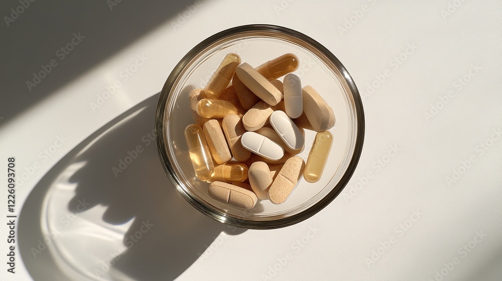 Close-Up View of Various Nutritional Supplements and Pills in a Clear Glass Bowl Positioned on a Bright White Surface with Soft Natural Light Creating Shadow Effects