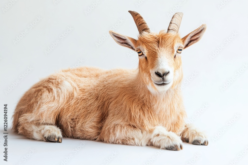 Fototapeta premium Adorable tan goat resting on white background.