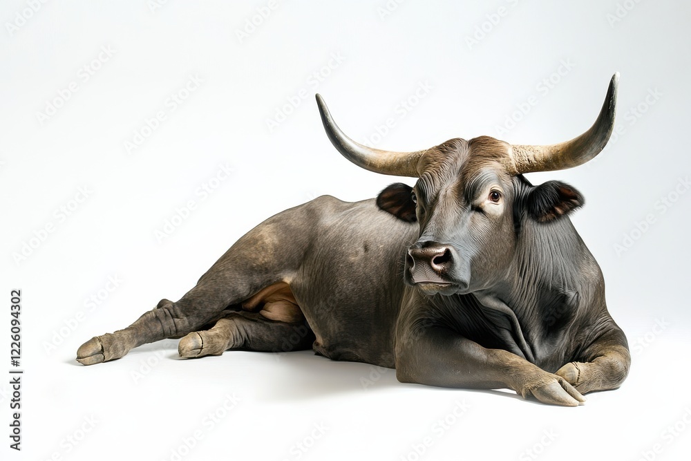 Naklejka premium Majestic bull resting on white background