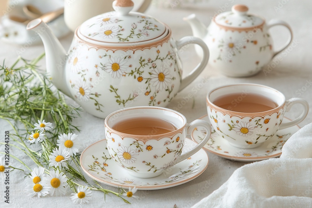 Elegant tea set with floral designs on a table, featuring steaming cups and fresh daisies nearby Elegant tea set with floral designs on a table, featuring steaming cups and fresh daisies nearby