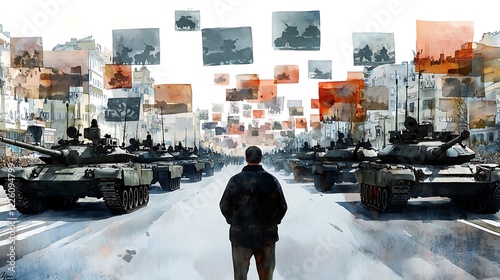 Man Stands Before Tanks in Urban Protest Scene photo