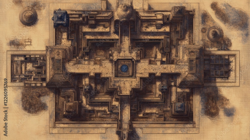 Aerial View Architectural Drawing of Ancient Mayan Palace Complex Aerial View Architectural Drawing of Ancient Mayan Palace Complex