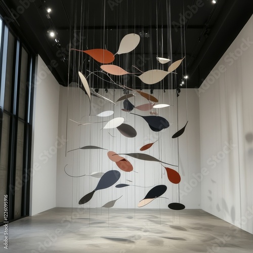 An abstract mobile sculpture with various colored shapes, gracefully suspended from the ceiling, creating a dynamic and fluid visual effect in a modern gallery space.