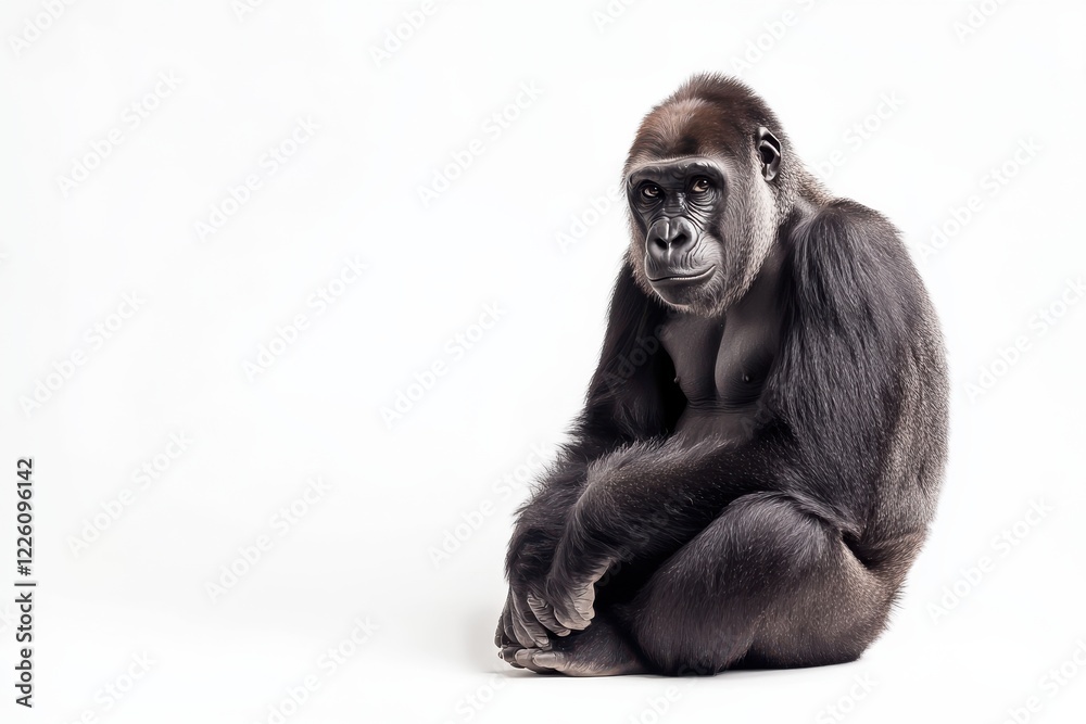 Obraz premium A young gorilla sits on a white background.