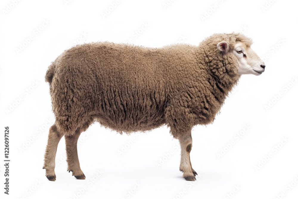 Obraz premium A fluffy sheep stands against a white background.