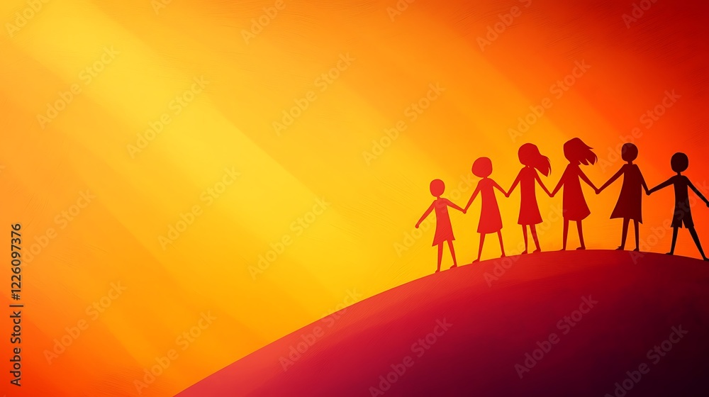 Fototapeta premium Silhouetted Figures Holding Hands at Sunset