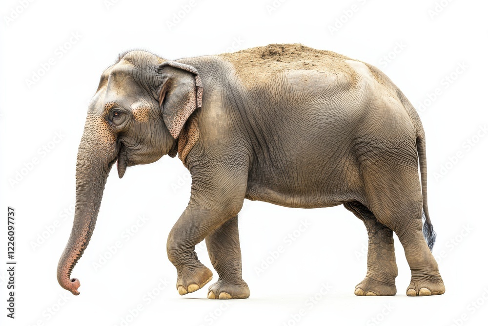 Fototapeta premium A young Asian elephant walks on a white background.