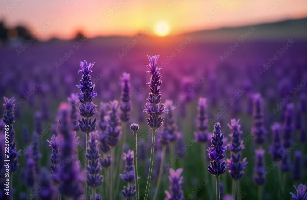 Obraz premium Beautiful lavender field at sunrise. Purple blossoms fill large field. Sunlight shines through flowers. Scenic rural landscape. Lavender plants vibrant purple. Summertime scene in countryside. Nature
