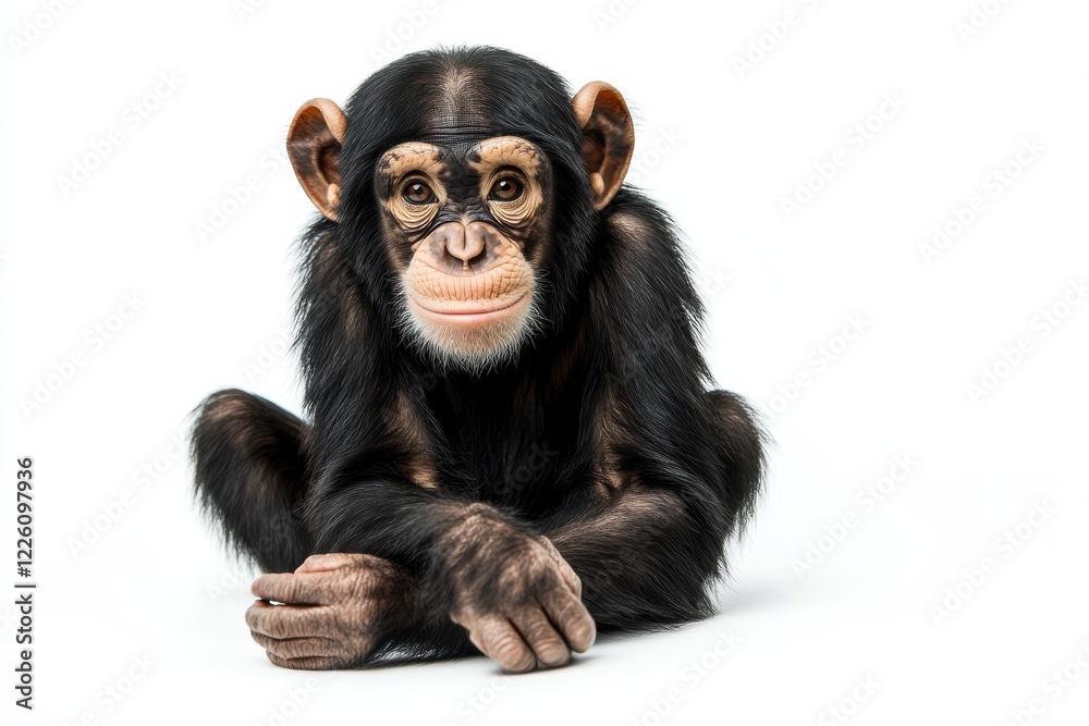 Naklejka premium Adorable baby chimpanzee sitting on white background.