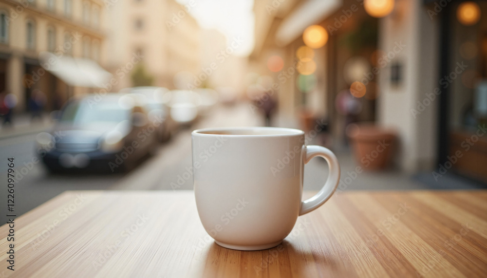 Coffee cup on café table with blurred street background, mock up