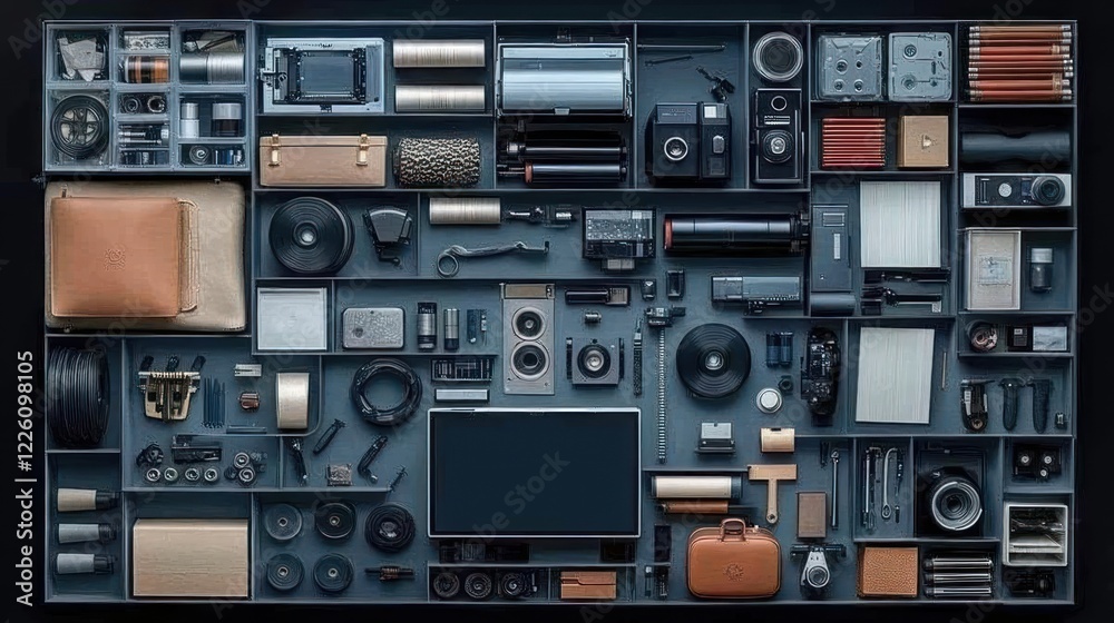 Obraz premium Organized collection of various tech and audio equipment neatly arranged in a tray.