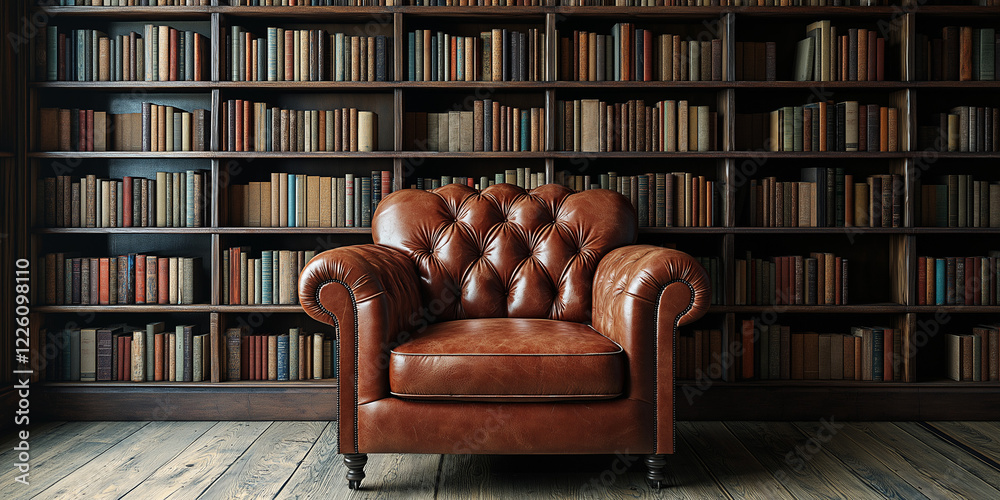 Cozy reading nook with leather armchair home library interior design inspiration warm atmosphere wide angle view comfort zone concept Cozy reading nook with leather armchair home library interior design inspiration warm atmosphere wide angle view comfort zone concept