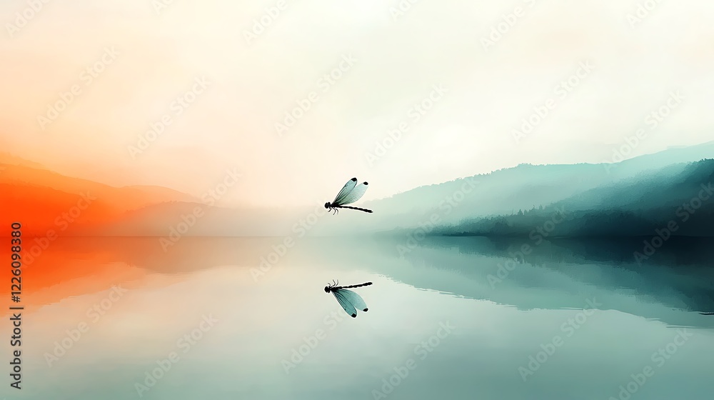 Fototapeta premium Tranquil Dragonfly Over Glassy Water Surface