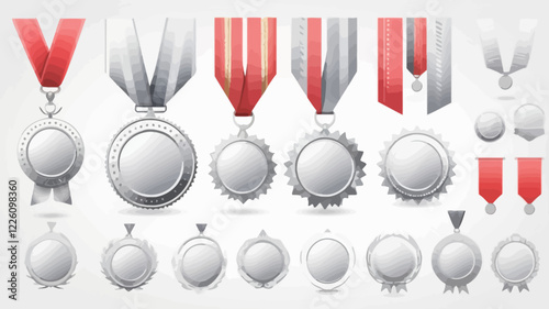 silver, medals with ribbon set vector illustration. Realistic isolated trophy and medal collection with metal reward badges for winners, quality certificate and prize warranty.