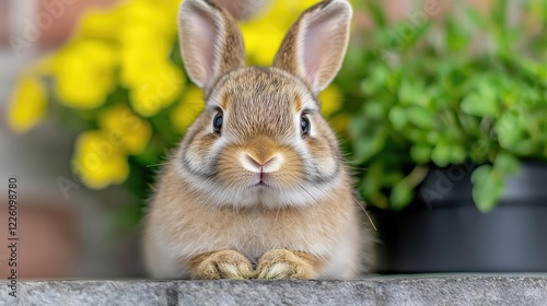 Cute bunny rabbit sits near flowers, springtime. Pet, Easter photo