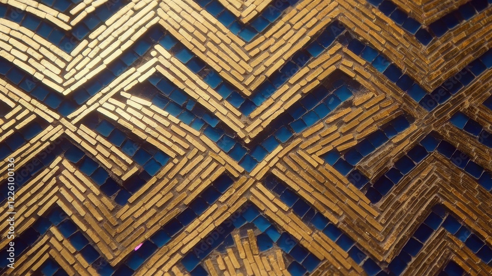 Intricate golden mosaic patterns create a dynamic chevron design, showcasing detailed craftsmanship and vibrant blue accents. Intricate golden mosaic patterns create a dynamic chevron design, showcasing detailed craftsmanship and vibrant blue accents.