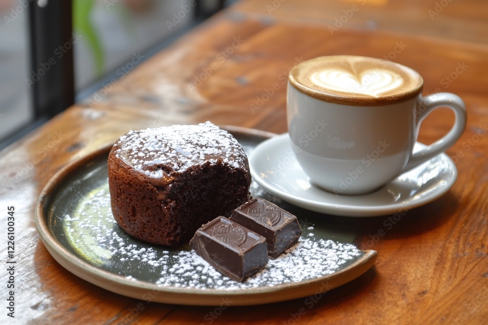 Delicious chocolate dessert and latte served on a wooden table in a cozy caf? setting Delicious chocolate dessert and latte served on a wooden table in a cozy caf? setting