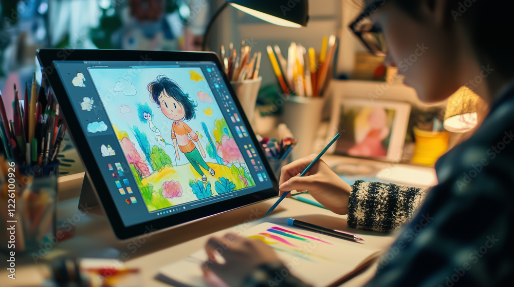 Photo of an illustrator creating a children's story on a digital tablet, focusing on vibrant character design and colorful illustration, with the artist working in a creative studio. Photo of an illustrator creating a children's story on a digital tablet, focusing on vibrant character design and colorful illustration, with the artist working in a creative studio.