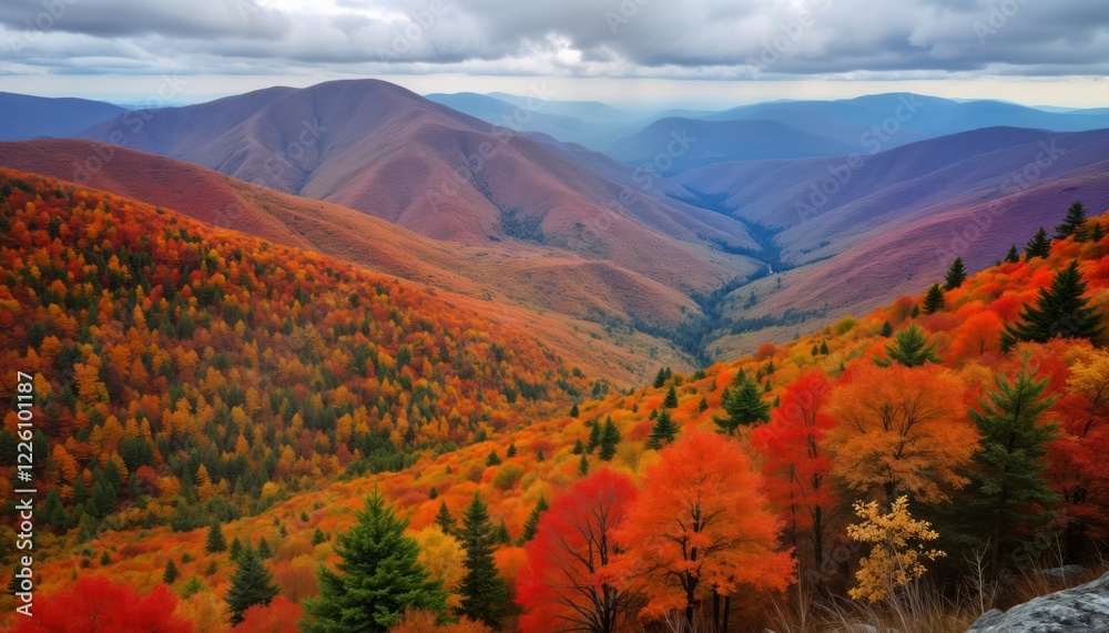 Fototapeta premium High angle view of autumnal Adirondack High Peaks landscape. Vibrant fall colors paint mountain slopes with reds yellows, oranges. Dense forests of colorful trees descend into valley. Scenic view of