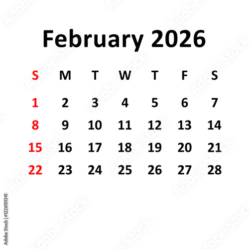 february 2026. Calendar with holydays or red dates. monthly calendar design with week starts on sunday. printable, simple, and clean vector design isolated on white background.