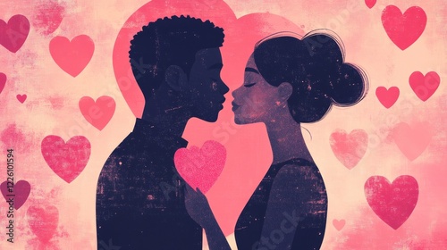 vintage illustation risograph style for valentine's day, romantic couple man and woman looking at each other, retro colors, pink and yellow
