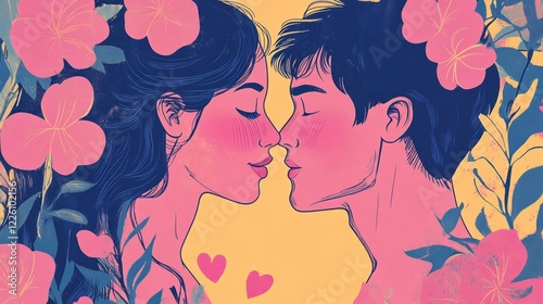 vintage illustation risograph style for valentine's day, romantic couple man and woman looking at each other, retro colors, pink and yellow