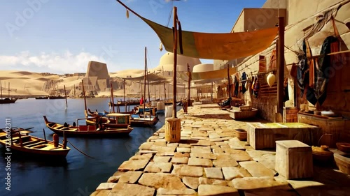 Ancient Egyptian port city with boats and desert landscape