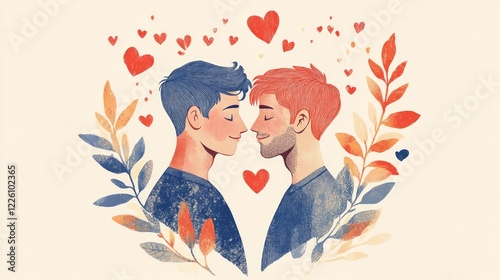 vintage illustation risograph style for valentine's day, romantic couple two men looking at each other, retro colors