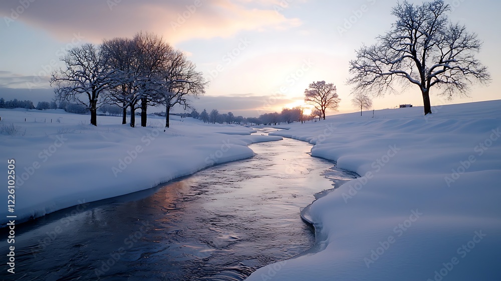 Winter Sunset Landscape with Snow Covered Trees and Stream Winter Sunset Landscape with Snow Covered Trees and Stream
