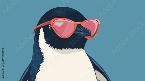 flat illustration of penguin portrait wearing hed heart shaped glasses, cute animal greeting card for Valentine's Day