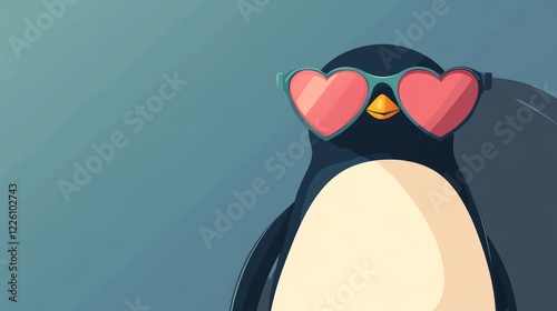 flat illustration of penguin portrait wearing hed heart shaped glasses, cute animal greeting card for Valentine's Day
