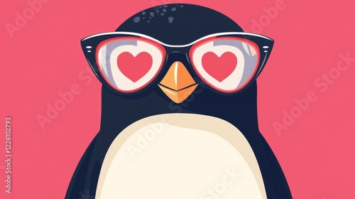 flat illustration of penguin portrait wearing hed heart shaped glasses, cute animal greeting card for Valentine's Day