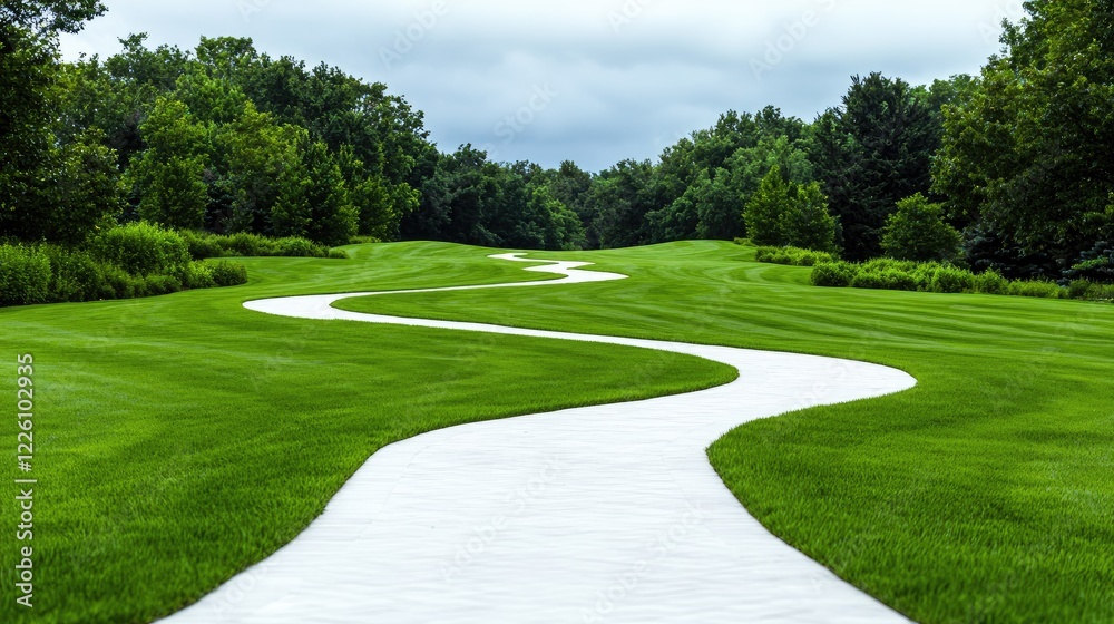 Winding path through lush green golf course. Peaceful landscape, nature scene. Ideal for travel brochures Winding path through lush green golf course. Peaceful landscape, nature scene. Ideal for travel brochures