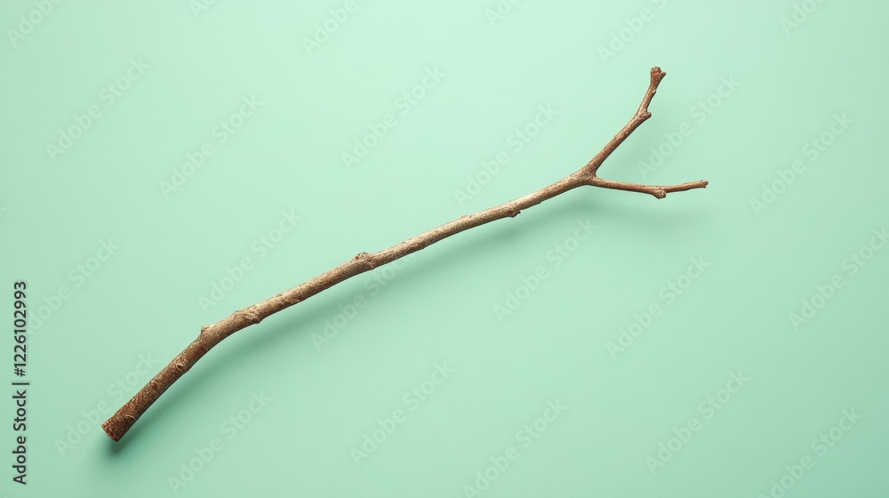 A single brown twig rests on a pale green background A single brown twig rests on a pale green background