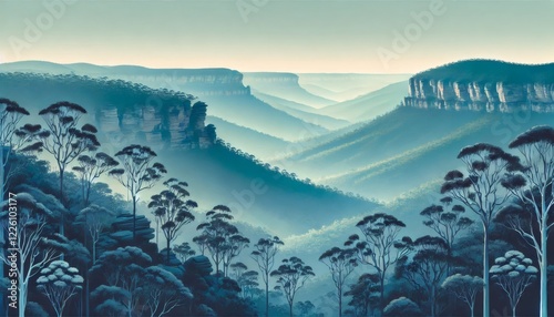 Blue mountains national park showing eucalyptus trees and three sisters rock formation in morning mist photo