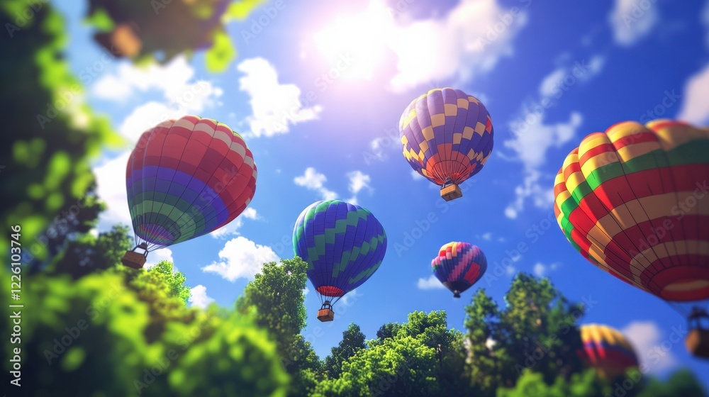Fototapeta premium Colorful hot air balloons soaring in a clear blue sky over lush green trees on a sunny day