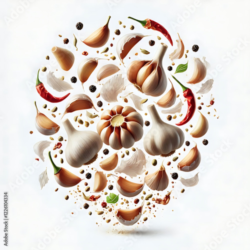 The image shows a single bulb of garlic with its individual cloves still attached, arranged in a circular pattern. The garlic is placed on a plain white background, which makes the shape and texture
 photo