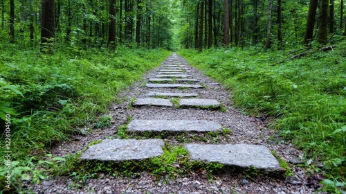Stone path through lush green forest; nature background; hiking trail; tranquility
