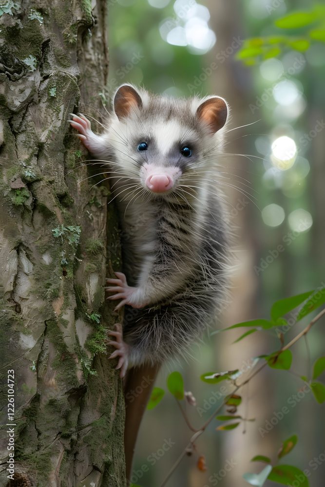 Naklejka premium North American Opossum Exhibiting Its Natural Climbing Skills in The Wild Forest