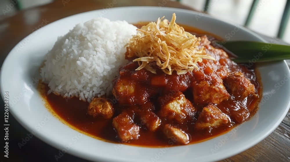 Plate of rice with spicy sauce and crispy topping. Plate of rice with spicy sauce and crispy topping.